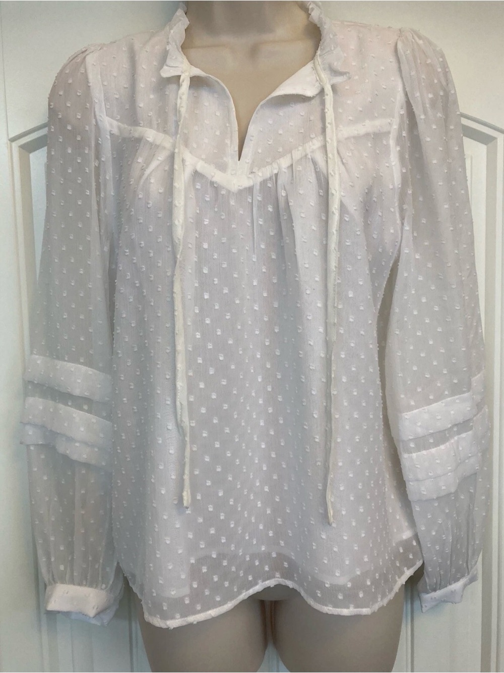 LOFT White Swiss Dot Tie-Neck Peasant Blouse, XXL